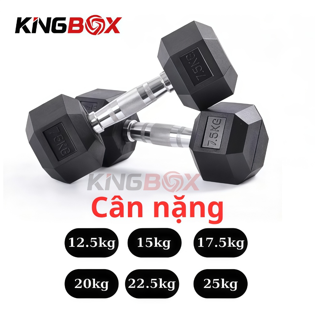 Tạ tay lục giác KingBox, Tạ tập thể dục, Tạ tập gym tại nhà, Chất liệu gang bọc cao su 7.5kg - 30kg