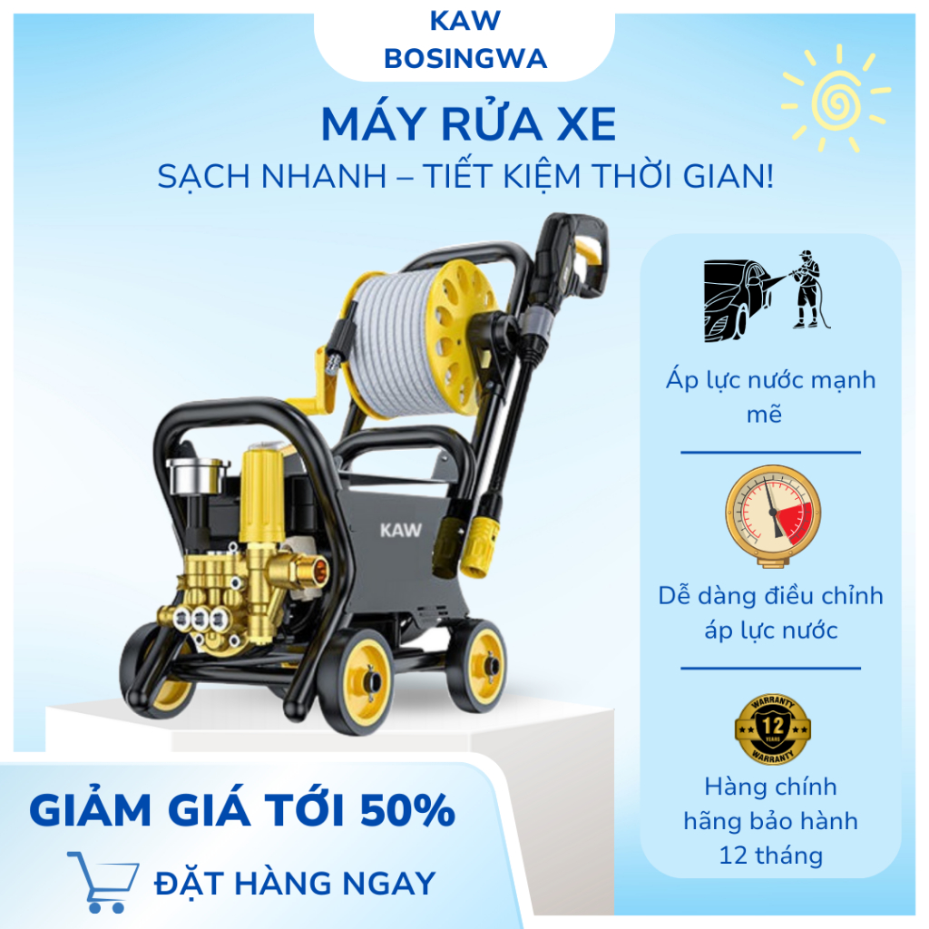 Máy rửa xe cao cáp KAW, lõi 3 lớp dây 20m, Phun xa 10M, áp lực cao rửa xe xịt sân thỏa thích