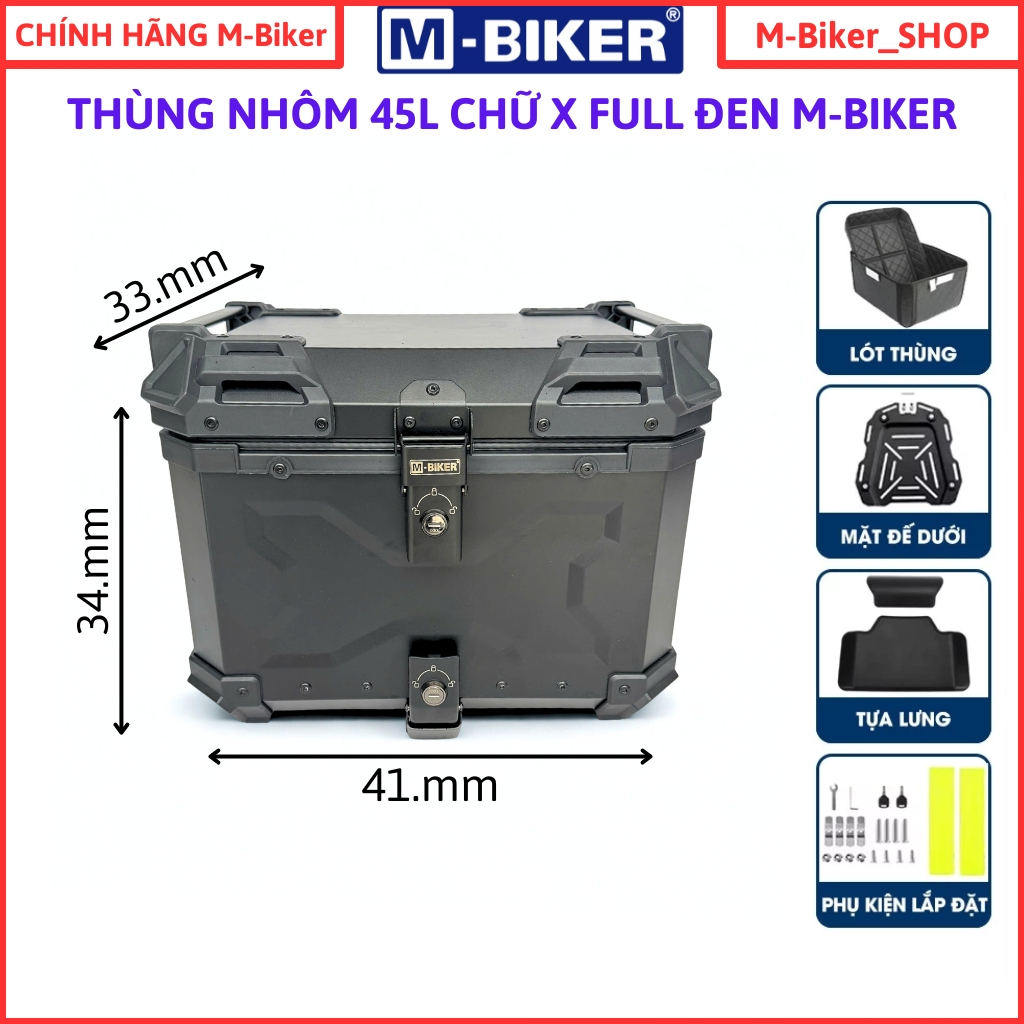 Thùng nhôm 45L M-BIKER, thùng nhôm xe máy, 22l 28l 35L 36l 45l 55L 65L, thùng nhôm chính hãng Mbiker
