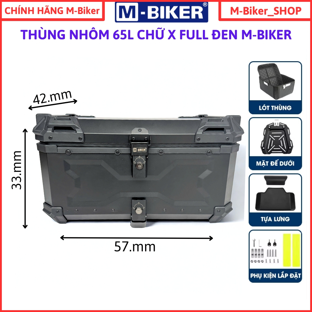 Thùng nhôm 65L M-BIKER, thùng nhôm xe máy, 22l 28l 35L 36l 45l 55L 65L, thùng nhôm chính hãng Mbiker