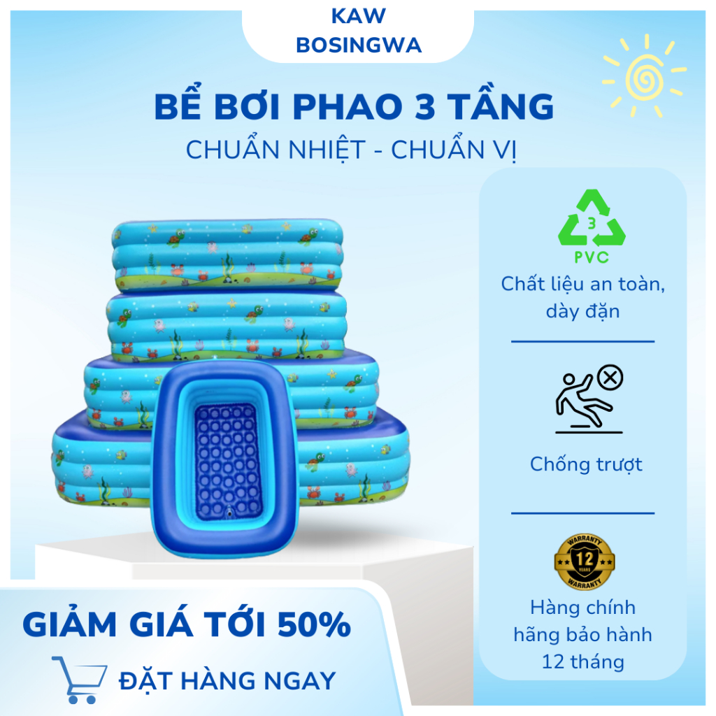 Bể phao 3 tầng KAW, phao phao họa tiết hoạt hình dành cho bé, thiết kế dày đặc, chất liệu an toàn