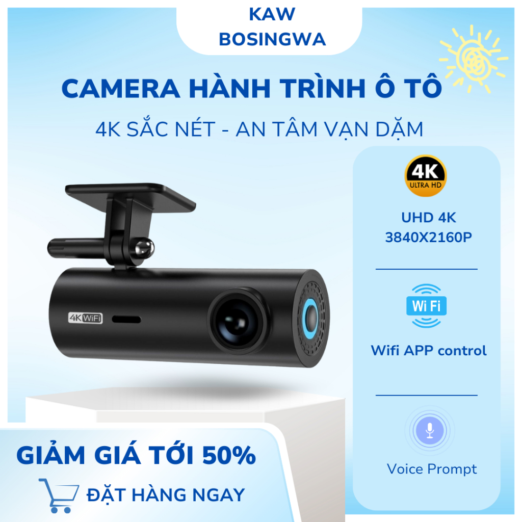 Camera Hành Trình Ô Tô 4K KAW, Cam Rộng, Siêu Nét, Kiểm Soát Và Theo Dõi Dễ Dàng Qua App