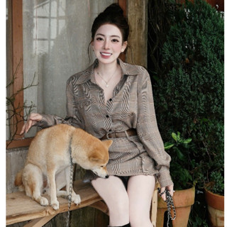 set áo sơ mi chân váy,set đồ nữ sang chảnh,bộ kẻ áo sơ mi dài tay chân váy kèm đai hot trend UD121