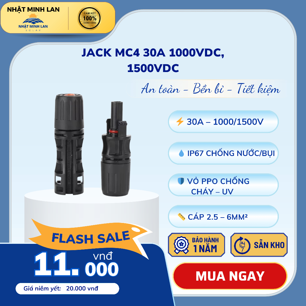 Jack MC4 Leader kết nối dây DC bằng đồng mạ thiếc, chống nước IP67, điện áp 1000V 1500V, dòng điện 3