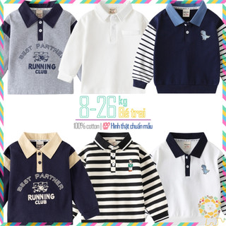  Áo Polo cho bé WELLKIDS áo thun dài tay có cổ bé trai in hình khủng long chất cotton hàng xuất Âu Mỹ 2024 