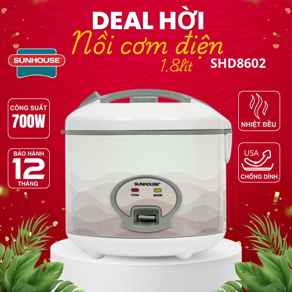 Nồi cơm điện 1.8L Sunhouse SHD8602 công suất 700W tỏa nhiệt đều, nấu nhanh Hàng chính hãng