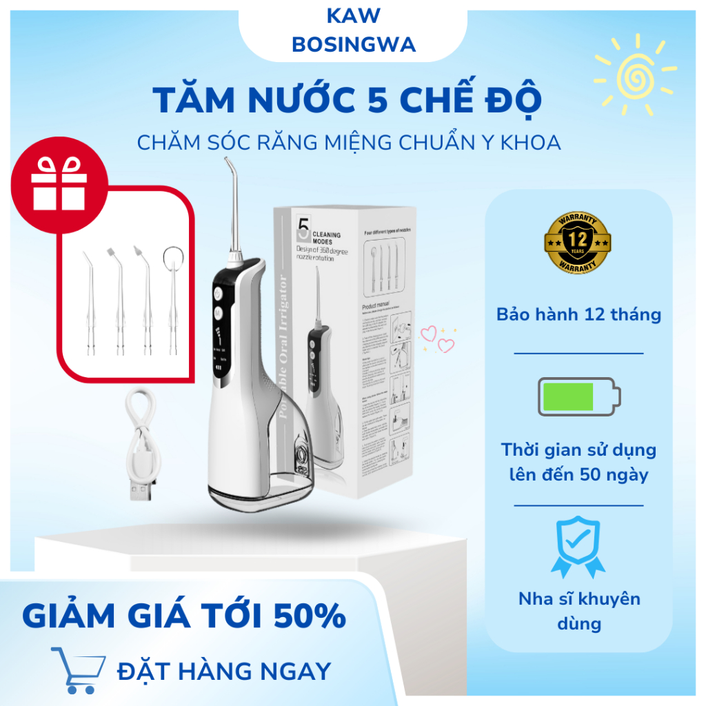 Máy tăm nước cầm tay KAW 5 chế độ, tia nước âm mạnh, nhiều chế độ, an toàn - Bảo hành chính hãng