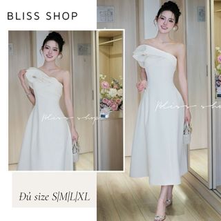   Bản Cao Cấp - Voucher 150K  Đầm Váy Thiết Kế Dáng Dài Xòe Lệch Vai Phối Hoa 3D Sang Chảnh Dự Tiệc Bliss Shop - V510 