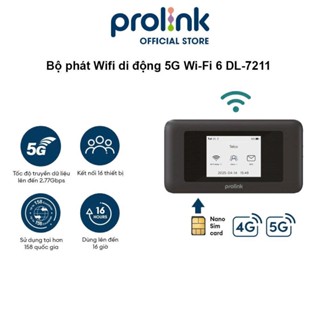 Bộ phát Wifi di động PROLiNK DL7211, SIM 5G, Wifi 6, pin 5050mAH lên tới 16h, hỗ trợ 158 quốc gia
