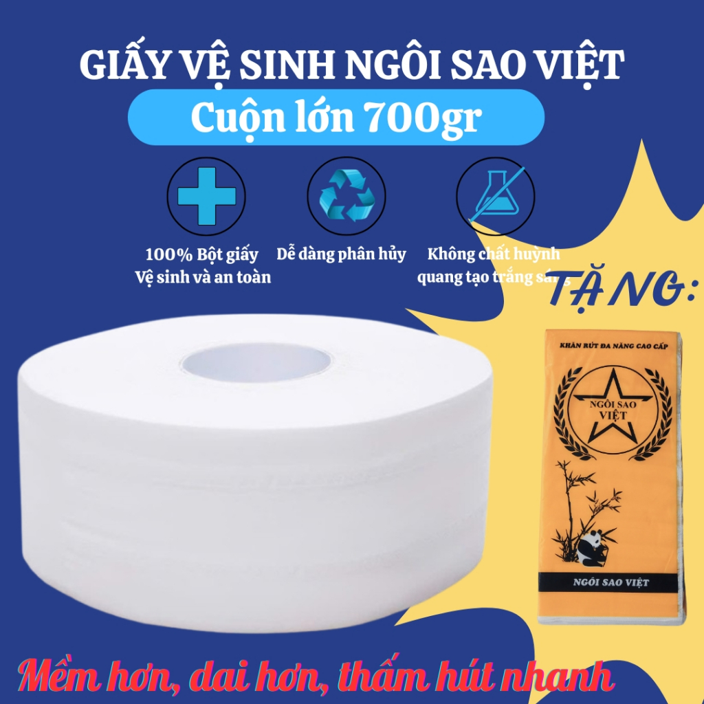 Giấy vệ sinh cuộn lớn Ngôi sao Việt 700gr cuộn có lõi 3 lớp bột Gỗ nguyên chất an toàn