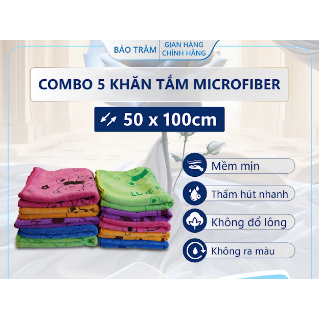 Combo 5 Khăn Tắm Microfiber 50x100 | Thấm Hút Nhanh, Không Đổ Lông, Không Ra Màu