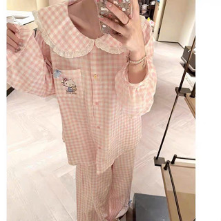  Bộ ngủ nữ dài tay nữ cổ sen phối ren họa tiết mèo hello kitty kẹo nổi áo babydoll dễ thương tiểu thư 071 