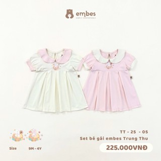 Váy Cổ Sen Cộc Tay Cho Bé Gái Thu Embes, Váy Cộc Tay Bèo Trung Thu Thêu Hình Cotton Từ 8-18kg
