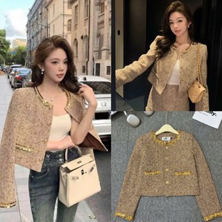 Áo Khoác Dạ Nâu Tiêu Viền Hoàng Kim Sa Dáng Ngắn Dày Dặn Lên From Siêu Đỉnh, Phong Cách Sang Chảnh, Tiểu Thư -Ảnh Lolaye