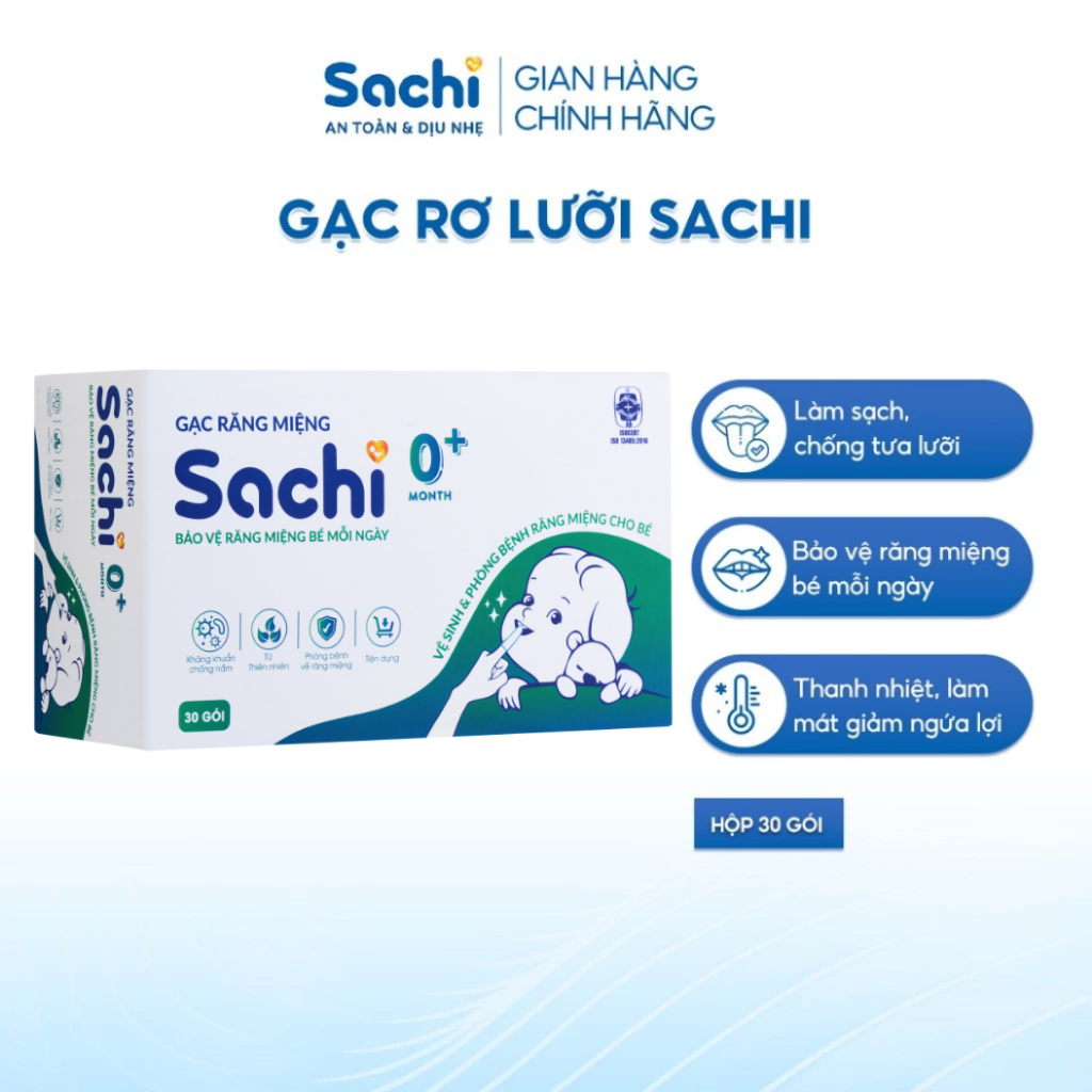 Gạc rỡ lưỡi SACHI kháng khuẩn, chống nấm bảo vệ lưỡi, nướu răng miệng cho bé, Hộp 30 gói