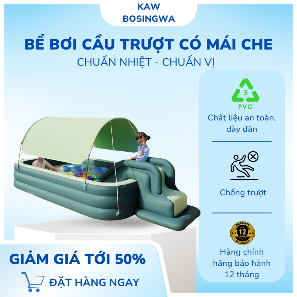 Bể bơi phao cho bé có cầu trượt và mái che nắng, Bể bơi bơm hơi đáy chống trượt an toàn cho bé
