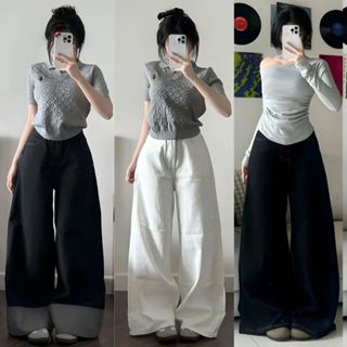 Quần Jean Nữ MIAA ống rộng 34cm Lưng Cao Màu Trắng Dáng Rộng Cạp Cao Đầy Đủ Size