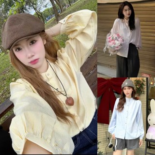 Áo sơ mi nữ A.772, Áo sơ mi kẻ sọc tay dài cổ tàu phối cúc dọc 3 màu dễ thương, dễ phối đồ - Shop Chấm Bi