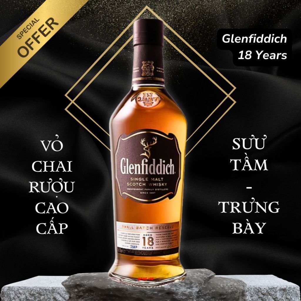 [DECOR] Vỏ chai rượu trưng bày Glenfiddich 18 Years of age Làm đồ decor bàn làm việc , quà tặng đẹp