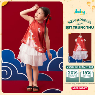 Set yếm trung thu cho bé gái ILABY Hồng Yên áo sát nách cổ tàu chân váy vơ nhún hai tầng có lót [2647]
