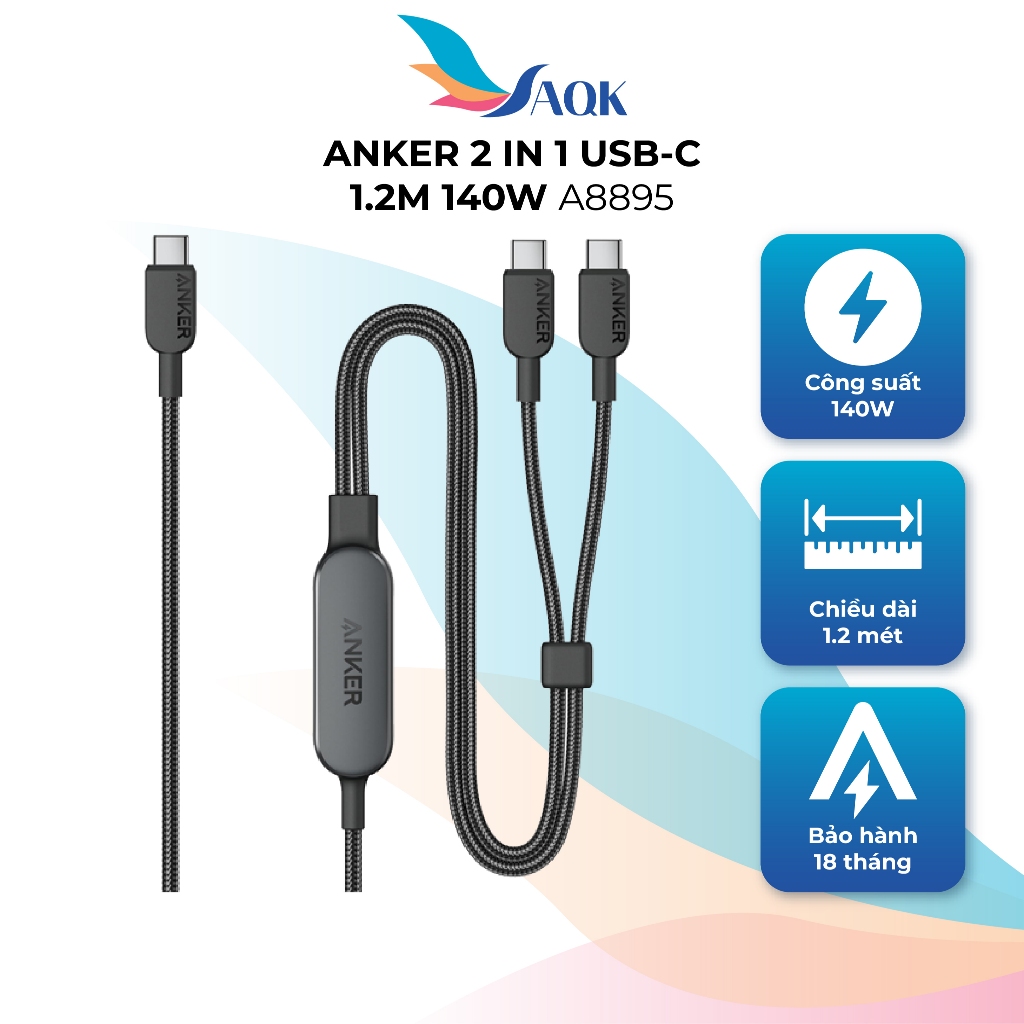 Cáp USB Type-C to Type-C Anker 2 in 1 USB-C 1.2m 140W A8895 - Hàng chính hãng