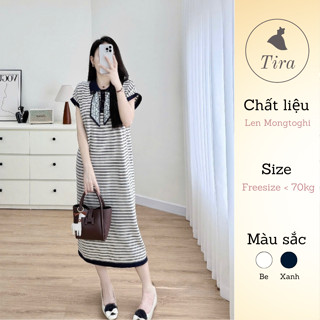 Váy len cổ polo TIRA MAMA M211 Váy suông bầu dáng dài Váy Len Mongtoghi dáng dài kẻ kèm khăn lụa