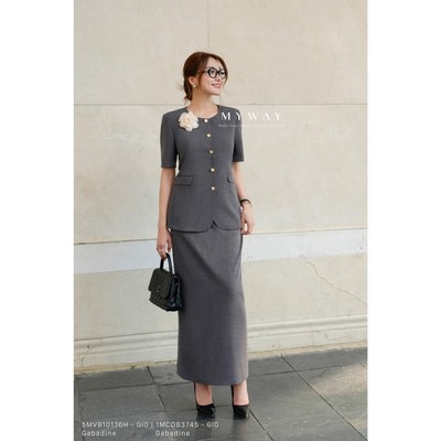 Set Công Sở Áo Vest Hè Ngắn Tay Mix Chân Váy Dài MY WAY Gabadine Sang Chảnh 5MVB10136H 1MCOB3745  GI0