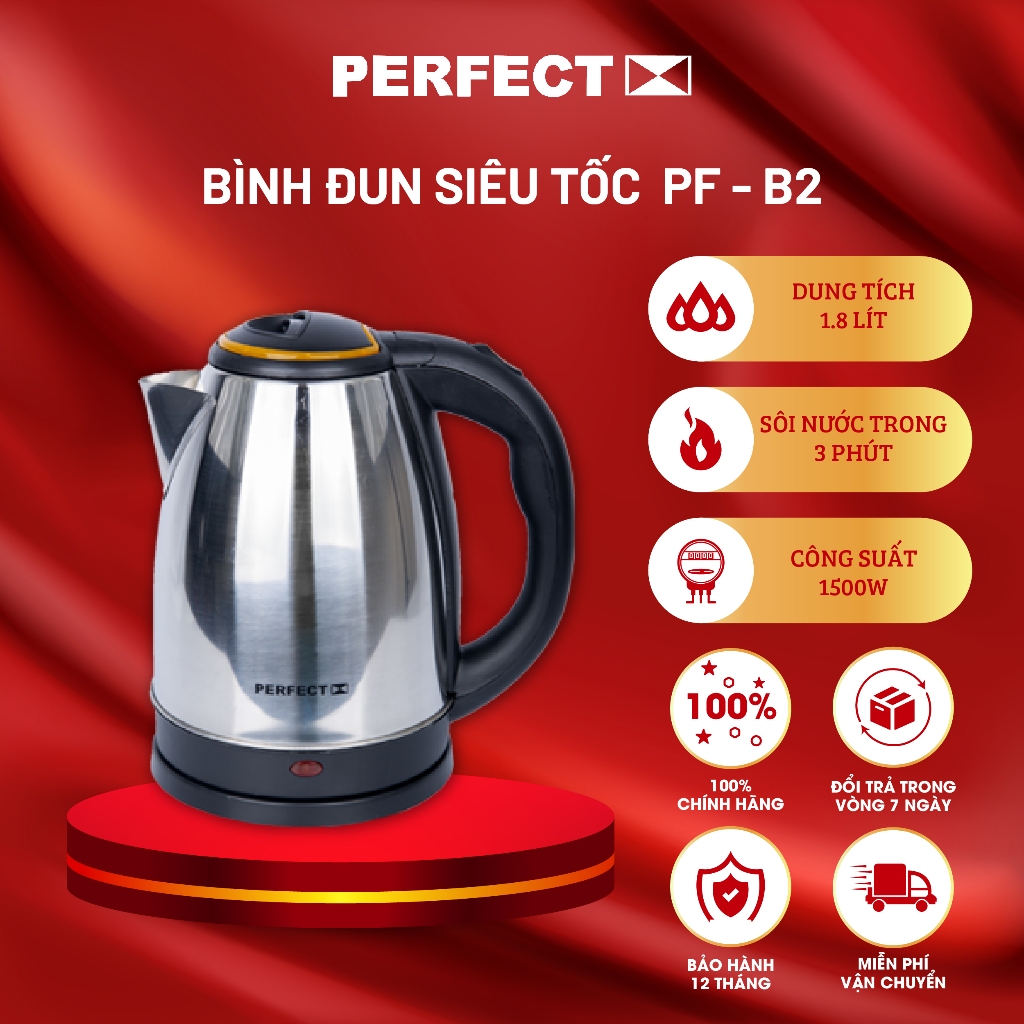Bình đun siêu tốc perfect pf-b2 dung tích 1,2l công suất 1500w bảo hành 1 năm