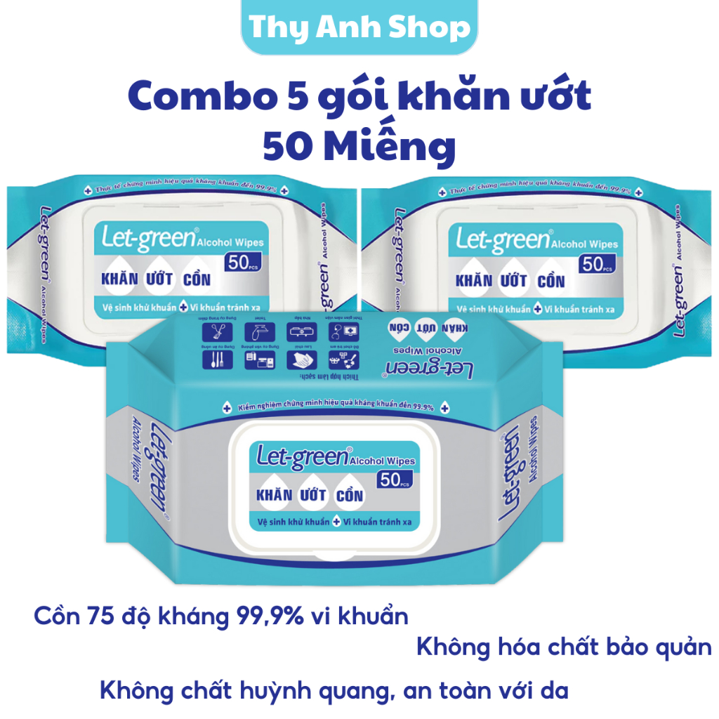 Combo 5 Gói Khăn Ướt Cồn Diệt Khuẩn, Khử Mùi Cao Cấp Let Green Loại 50 Miếng/ Gói