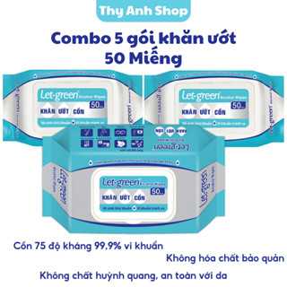 Combo 5 Gói Khăn Ướt Cồn Diệt Khuẩn, Khử Mùi Cao Cấp Let Green Loại 50 Miếng/ Gói