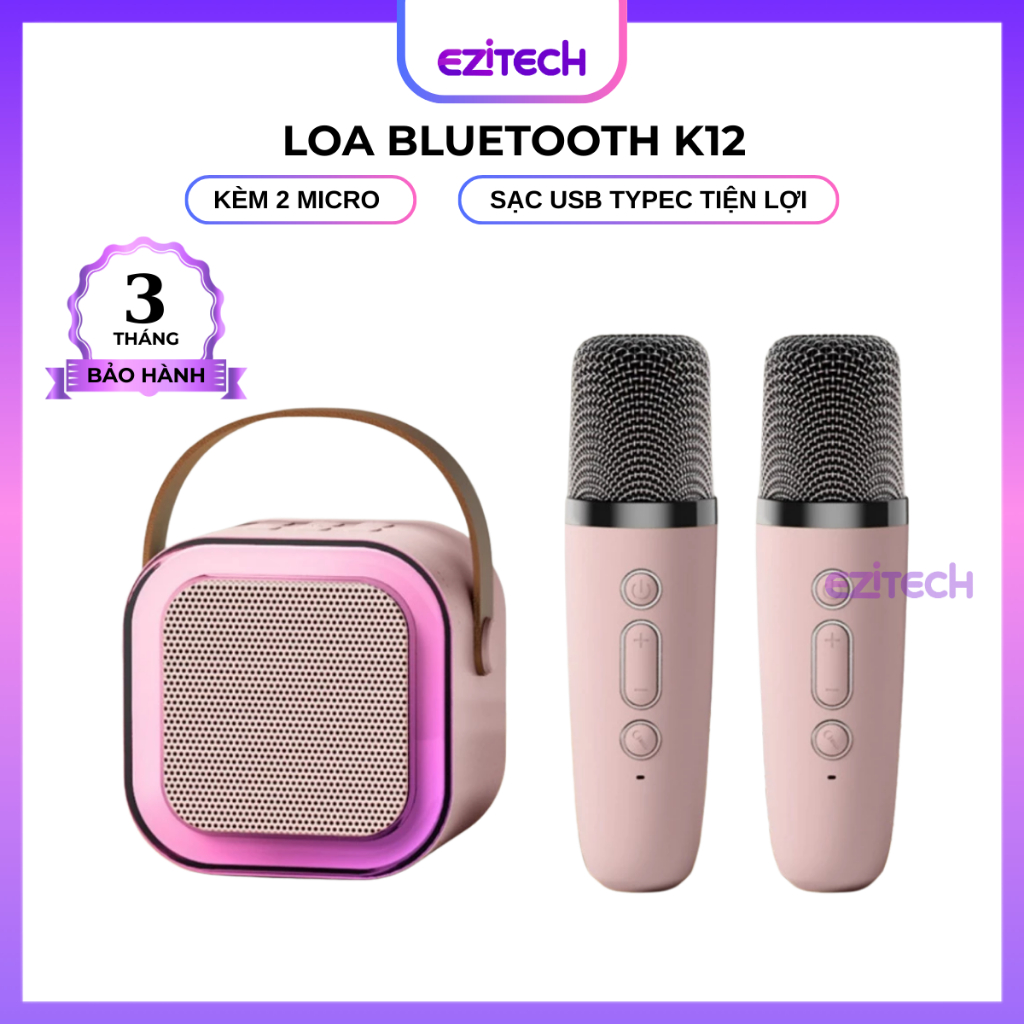 Loa Bluetooth Karaoke Mini K12 Không Dây Loa Karaoke Mini Kèm 2 Micro Karaoke Tại Nhà Bass Cực Chuẩn