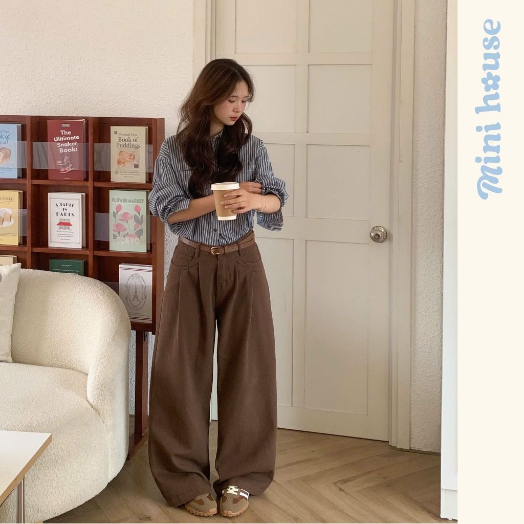 𝐌𝐈𝐍𝐈 𝐇𝐎𝐔𝐒𝐄 - Quần kaki nữ eo nhúm tone MÀU NÂU form ống rộng basic Woman Pants Ong MINI007 | BigBuy360 - bigbuy360.vn