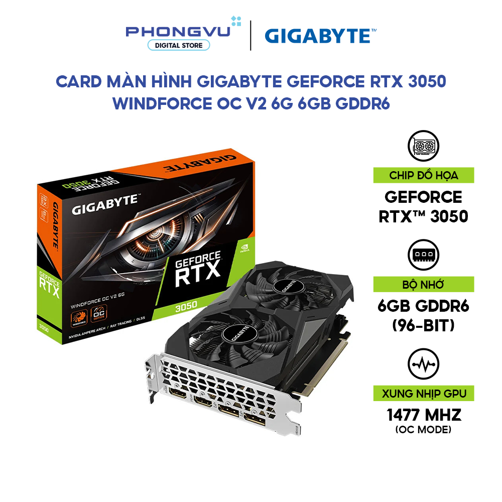 Card màn hình GIGABYTE GeForce RTX 3050 WINDFORCE OC V2 6G 6GB GDDR6 (GV-N3050WF2OCV2-6GD) - Bảo hàn