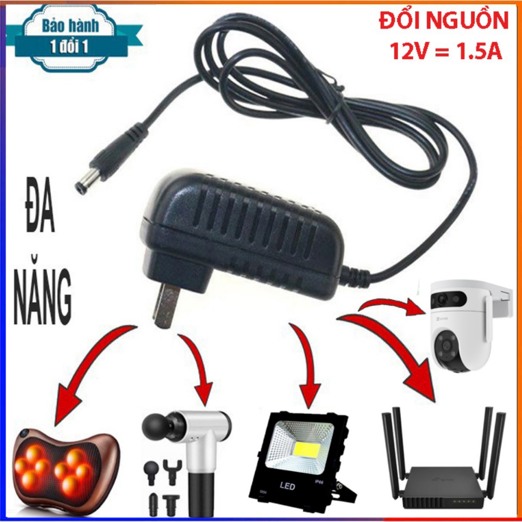Nguồn 12V 1.5A Bộ Đổi Nguồn AC-DC - Đầu Jack 5.5x2.1mm, Dây dài 1M , Adapter 12V 1.5A dùng cho nhiều