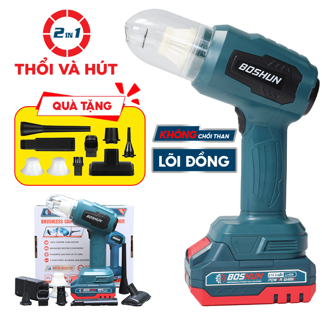   Kèm Phụ Kiện  Máy Thổi Hút Bụi Boshun BS-VC07L Dùng Pin Tự Chỉnh Lực - Max 7KPA UPDATE PIN 10CELL 