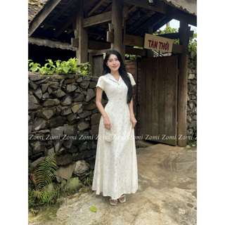 Đầm hoa nữ dáng dài cổ vest nút bọc – Váy hoa công sở, đi tiệc, dạo phố Zomi Z072