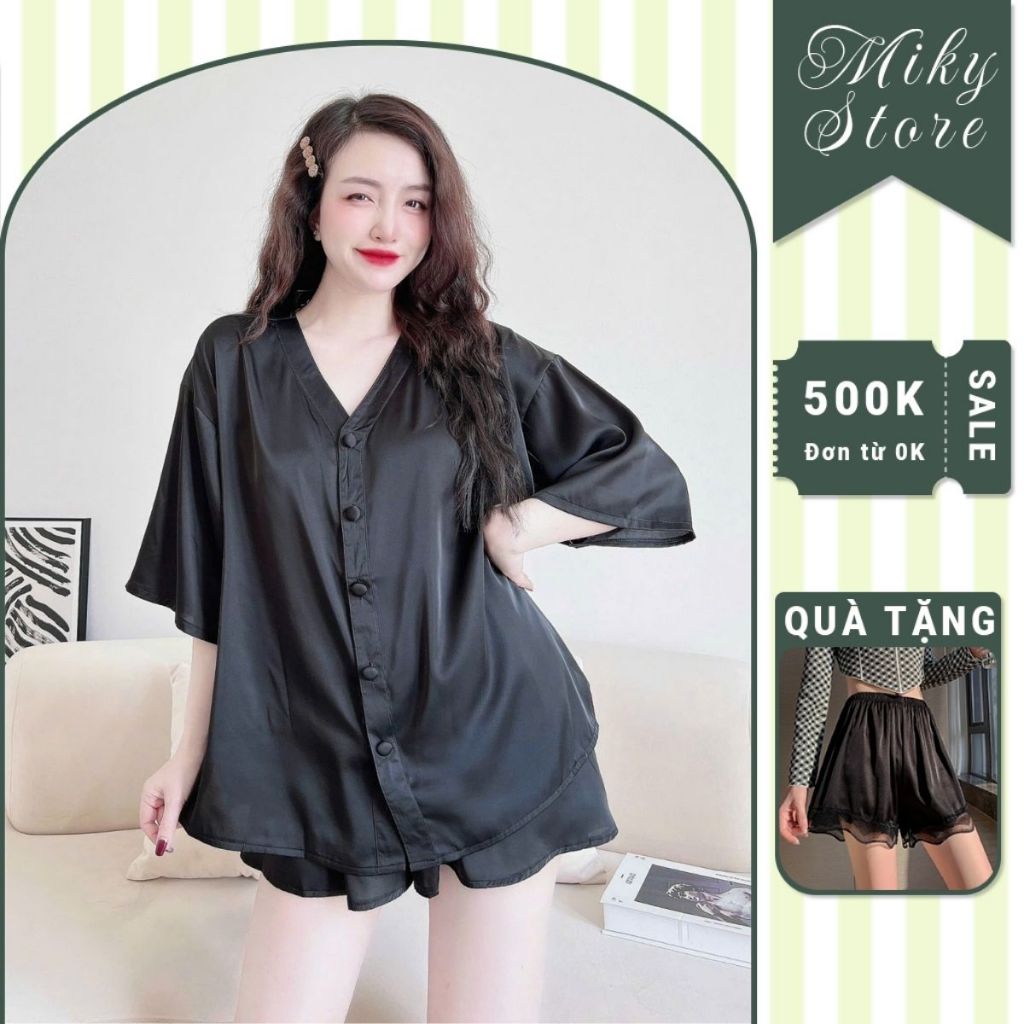 Đồ Ngủ Nữ Bigsize MIKY, Đồ Ngủ Bigsize lụa Latin cao cấp mềm mại xinh xắn cổ V nút bọc < 80KG