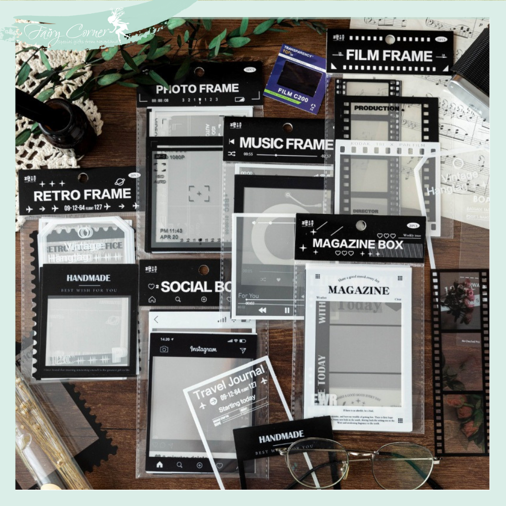 Bộ 15 sticker thước phim nhựa PET trong suốt phong cách retro, trang trí sổ tay, thiệp handmade, DIY