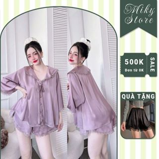 Đồ Ngủ Pijama Bigsize Tay Loe Tiểu Thư MIKY, Đồ Ngủ Bigsize lụa Latin cao cấp mềm mại xinh xắn < 75KG