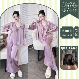 Đồ Ngủ Pijama Bigsize MIKY, Đồ Ngủ Bigsize lụa Latin cao cấp mềm mại xinh xắn tay loe dài dễ thương xinh xắn 3  < 75KG