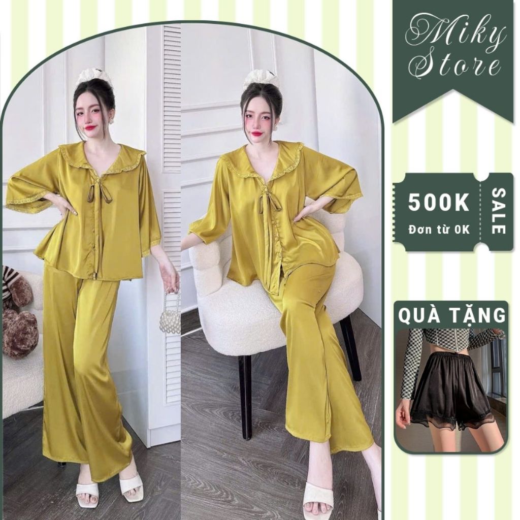 Đồ Ngủ Pijama Bigsize MIKY, Đồ Ngủ Bigsize lụa Latin cao cấp mềm mại xinh xắn tay loe dài cute 3  < 75KG