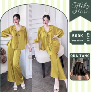 Đồ Ngủ Pijama Bigsize MIKY, Đồ Ngủ Bigsize lụa Latin cao cấp mềm mại xinh xắn tay loe dài cute 3  < 75KG