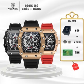 Đồng Hồ Nam VIDARS Thùng Rượu Viền Thép Lộ Máy Đẳng Cấp Dây Silicone Có Bộ Lịch Ngày Chống Nước 3ATM Size 43mm