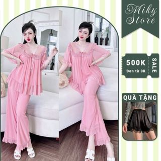 Đồ Ngủ Nữ Tiểu Thư Lưới Quần Dài Cổ V Tay Ngắn Quần Dài, Đồ Ngủ Bigsize Lưới Thun 2 Lớp Mềm Mịn 70kg