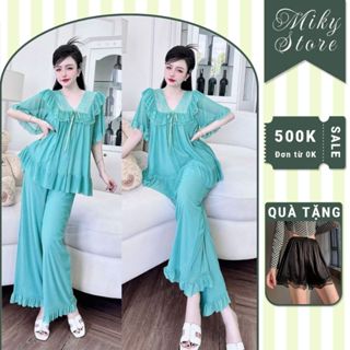 Đồ Ngủ Nữ Tiểu Thư Lưới Quần Dài Cổ V Tay Ngắn Quần Dài, Đồ Ngủ Bigsize Mềm Mịn 70kg