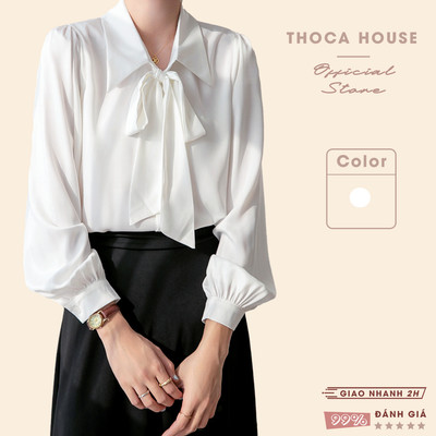 Áo sơ mi trắng nữ cột nơ tay phồng dài THOCA HOUSE xinh xắn, thanh lịch