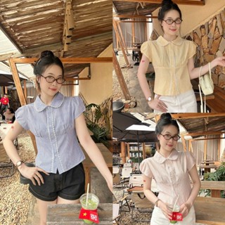  Áo sơ mi nữ cổ sen viền ren chất sọc cotton QC dáng chít eo trẻ trung LAMO - B1456 