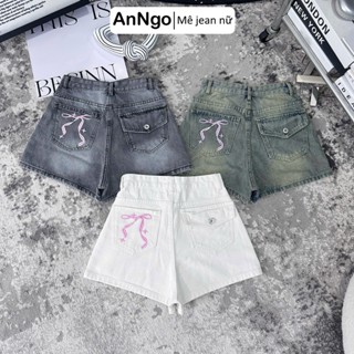 Quần short jean nữ lưng cao chất denim không giãn thêu nơ dễ thương Anngo - AT547