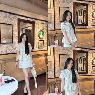 Áo sơ mi babydoll nữ chấm bi phối viền ren trẻ trung LAMO - B1462