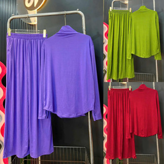 Đồ bộ ủ kem cổ lọ quần có túi và áo tay dài xỏ ngón thun cotton lụa lạnh, bộ mặc nhà, set đồ bộ